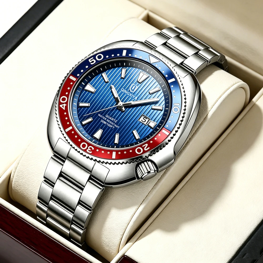 QINGXIYA Man Watch Original Brand Waterproof Quartz Watch Stainless Steel Strap Luminous Date Mens Watches Relogio Masculino