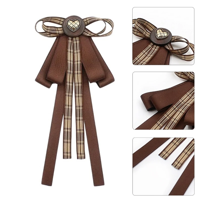 Broche pajarita cinta a cuadros marrón Vintage para mujer, Pin, uniforme estudiante, camisa, cuello Jabot, corbata