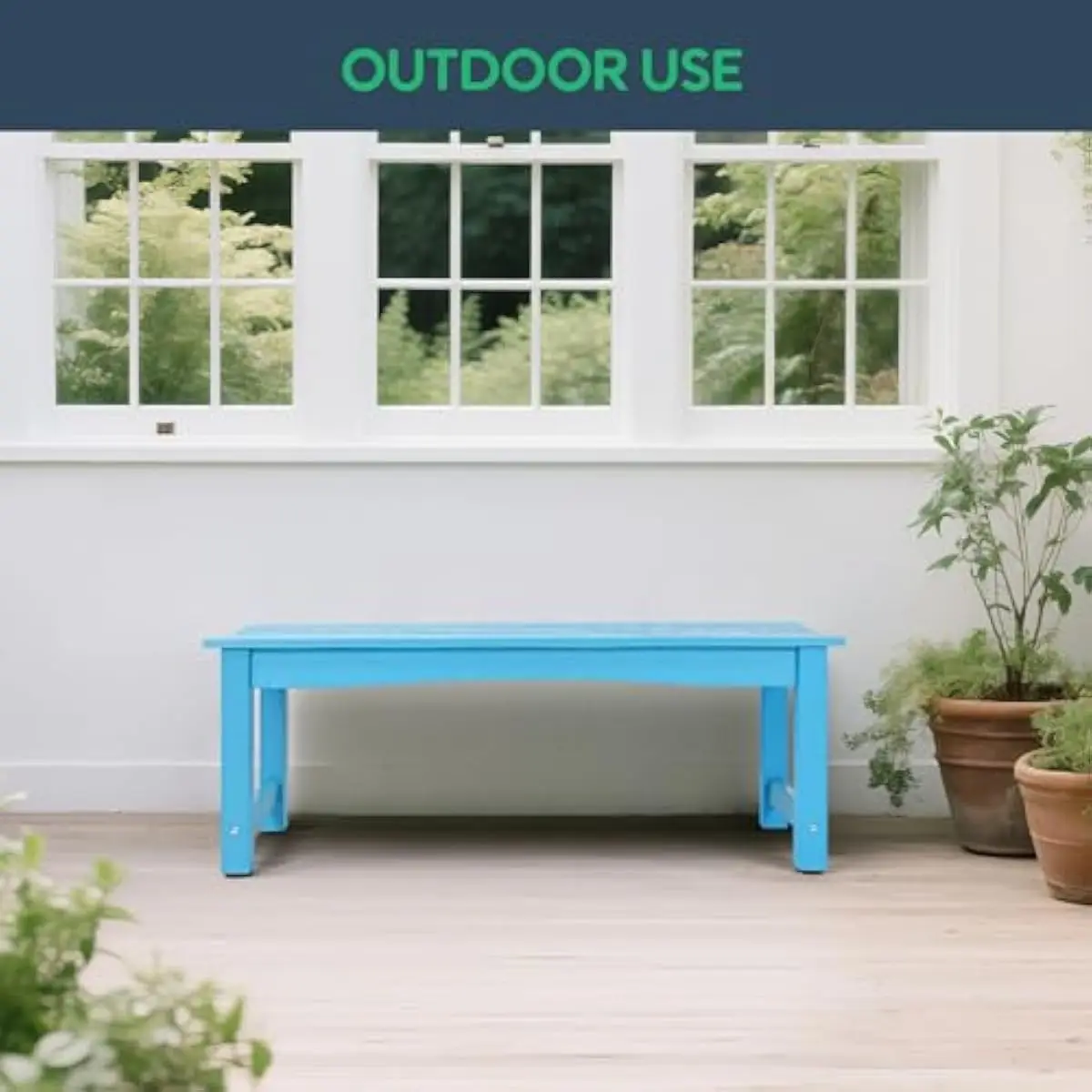 Weather-resistant HIPS bench for outdoor use, two-person seating, UV-stable polymer lumber with realistic wood grain texture, fa