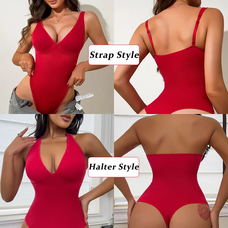 Body con copa en V profundo para mujer, ropa moldeadora con tirantes ajustables, Top con cuello Halter, Fajas Colombianas con Control de barriga, Tanga, ropa de playa Sexy 2025