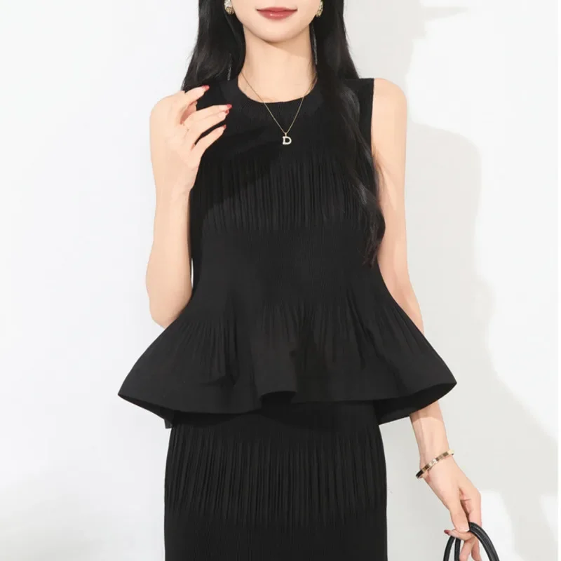 ALSEY Miyake 2025 夏シックな新プリーツファッション女性のセットラウンドネックプリーツベスト + ウエストゴムホルタースカート 2 点セット