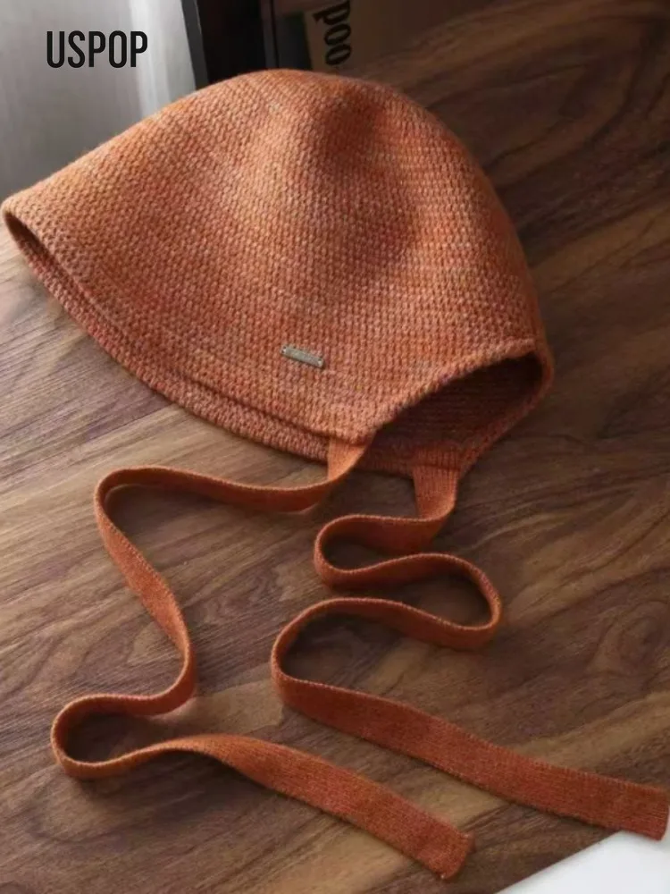 USPOP Fashion Wool Bucket Hat for Women Winter Thickened Split Back Knitted Hat with Ties