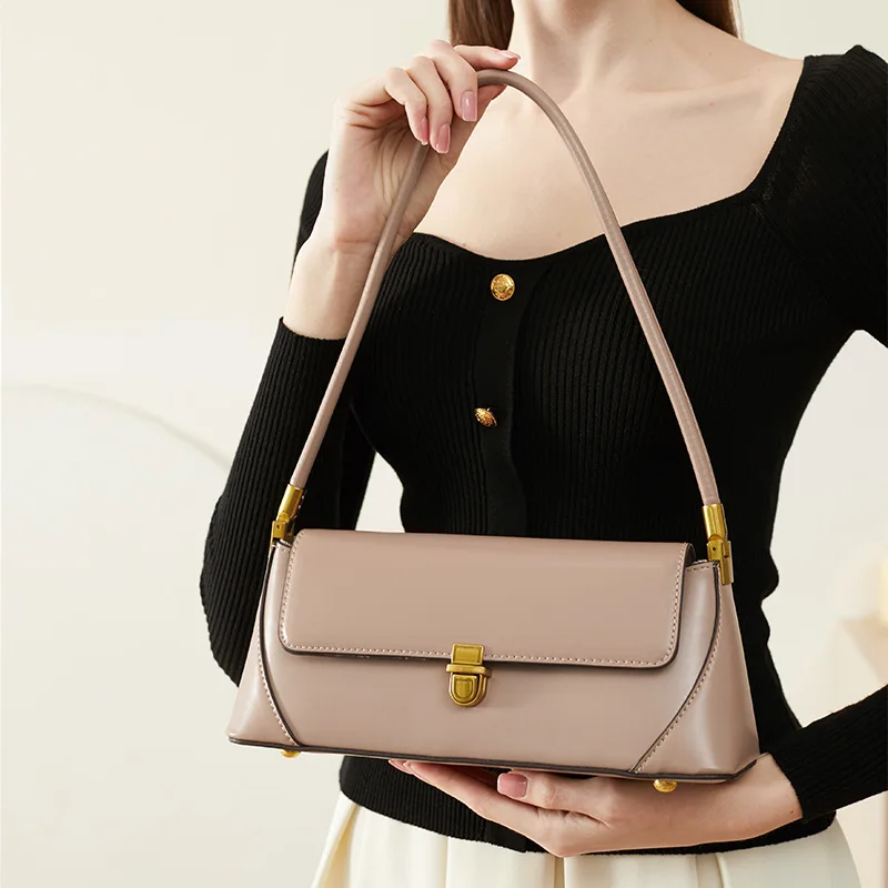 

Genuine Leather Armpit Shoulder Bags for Women French Vintage Female Commuting Underarm Bags Solid Color Lady Handbags