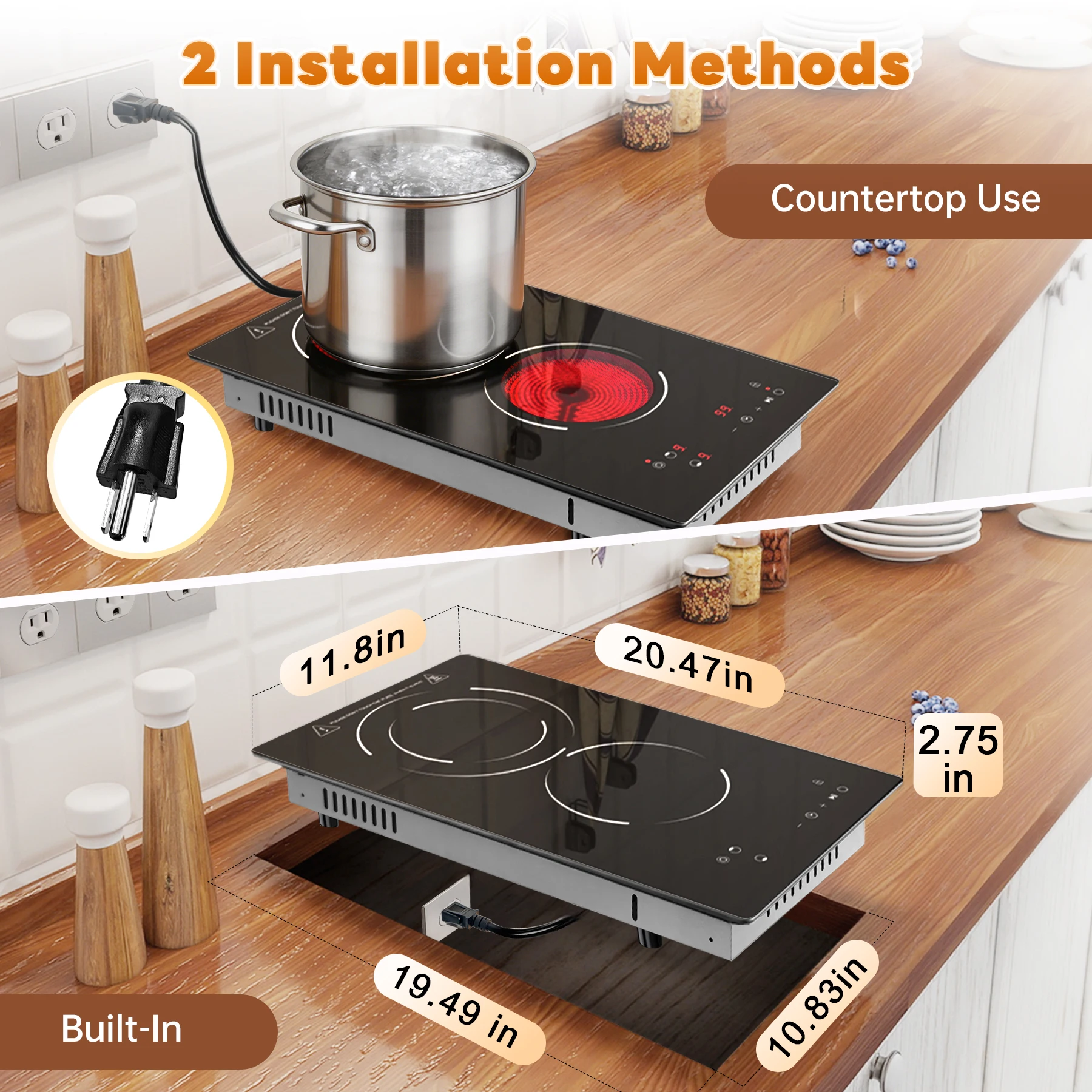 12" 2 Burner Electric Cooktop 1800W, 110V Plug-in, Dual-Ring, Touch Control, Child Lock view 7