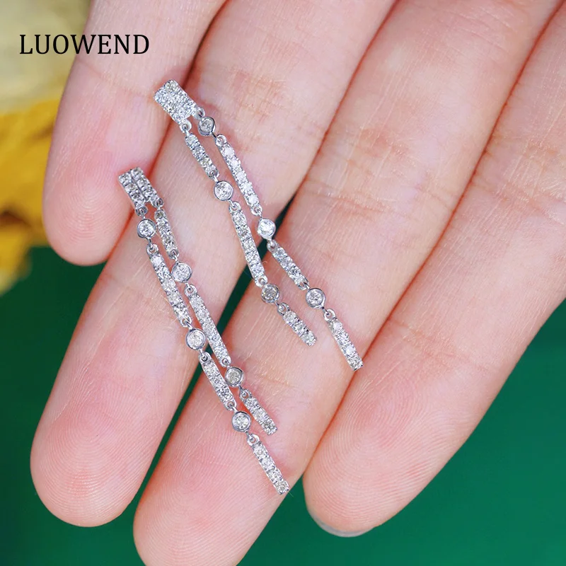 LUOWEND 100% 18K White Gold Earrings Romantic Tassels Drop Earrings 0.58carat Real Natural Diamond Earrings High Women's Jewelry