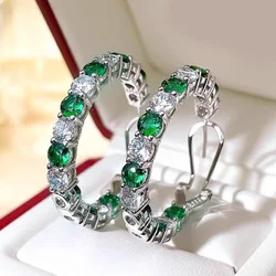 Trendy Silver Color Emerald Big Hoop Earrings for Women Round Circle Sparkling Cubic Zirconia Earring Wedding Party Jewelry Gift