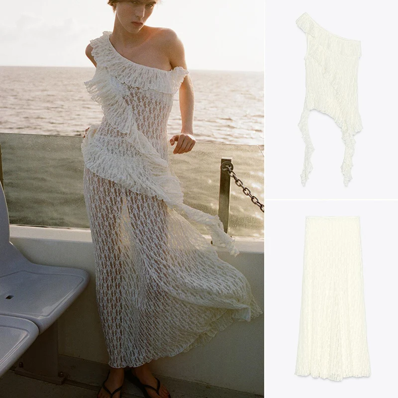

Asymmetric Design Lace Top High Waist Semi-Transparent Simple Long Skirt Faion Set for Women Summer 2025 Collection