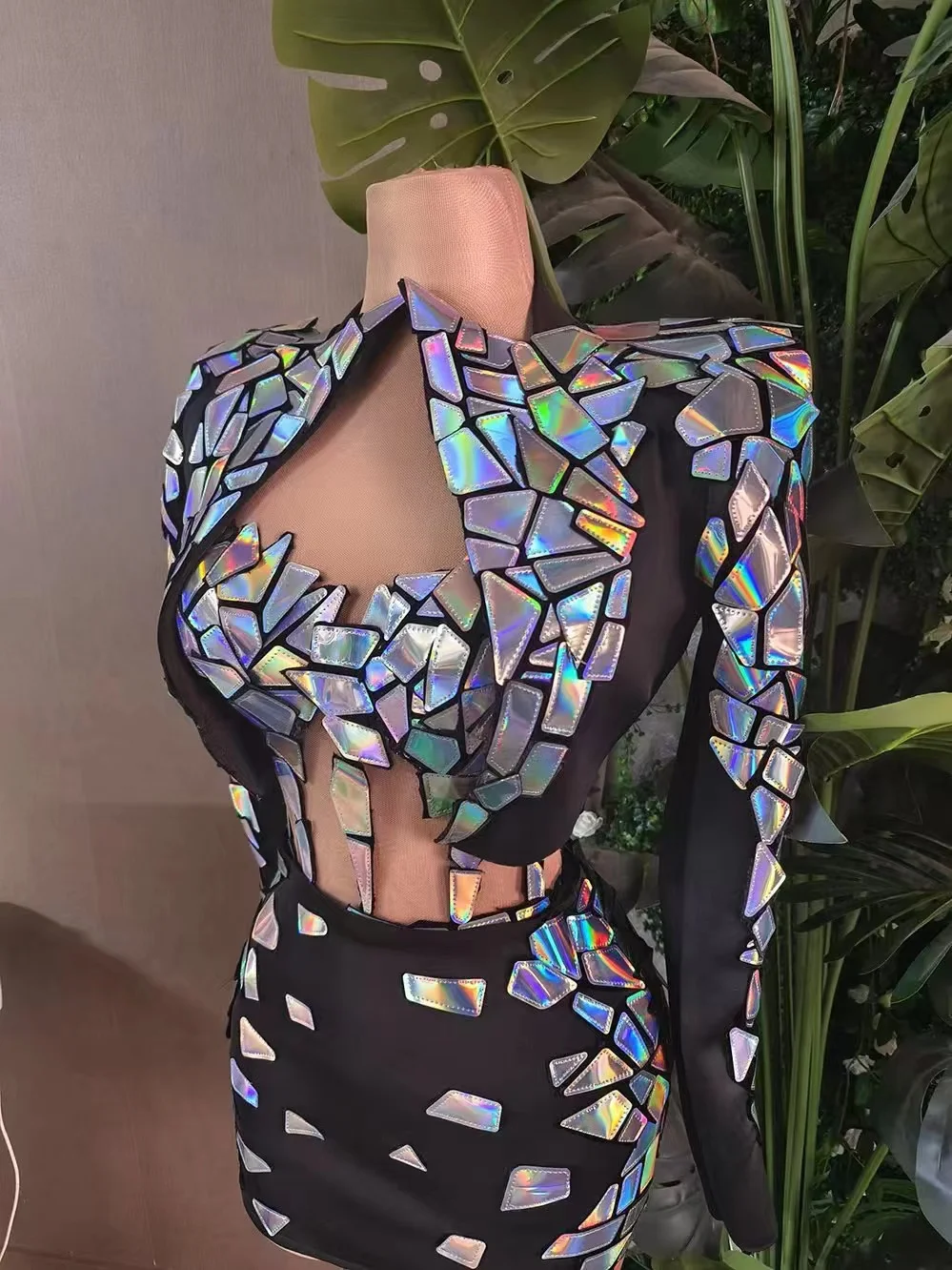 

Gold Silver Black Sequin Laser Mirror Hollowed Sexy Coat Short Dress Set Singe Dance Team Nightclub Bar Stage Party Rave Costume