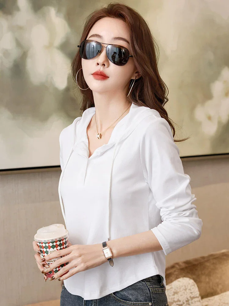 New Women Casual Daily Thin Sweatshirt Spring Autumn Fashion Hooded Long Sleeve Solid Color Pullover Simplicity Basic T-shirt