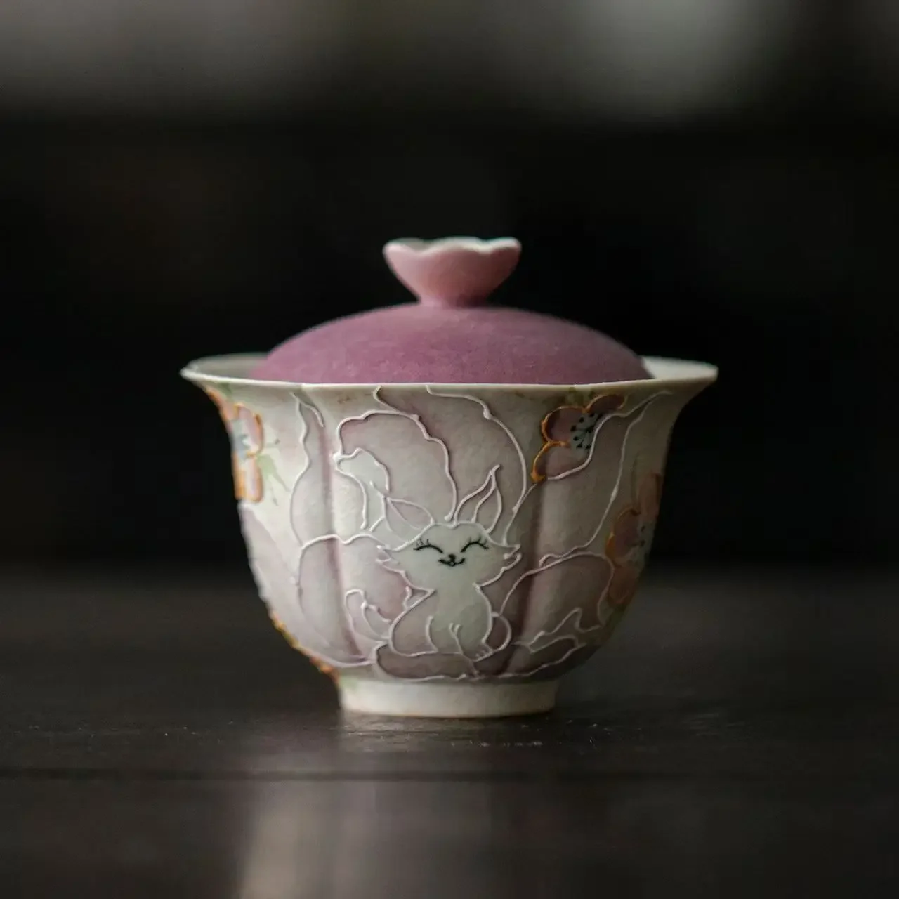 

120ML Flint Red Hand-painted Nine-tailed Fox Ceramic Flower Mouth Cover Bowl KungFu TeaSet Household Tea Bowl Antique Cover Bowl