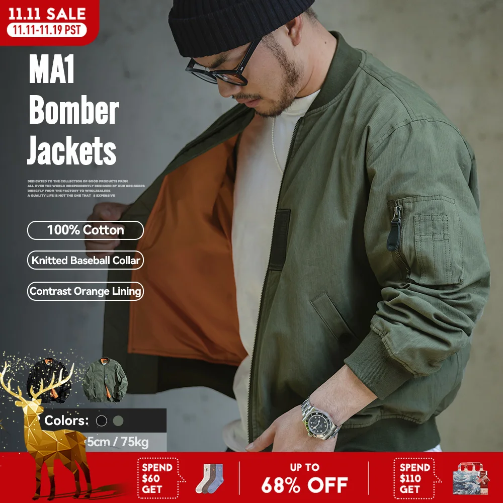 Летные куртки-бомберы Maden Retro MA1, зеленая ветрозащитная куртка-пилот, повседневное мотоциклетное бейсбольное пальто для мужчин, весна и осень
