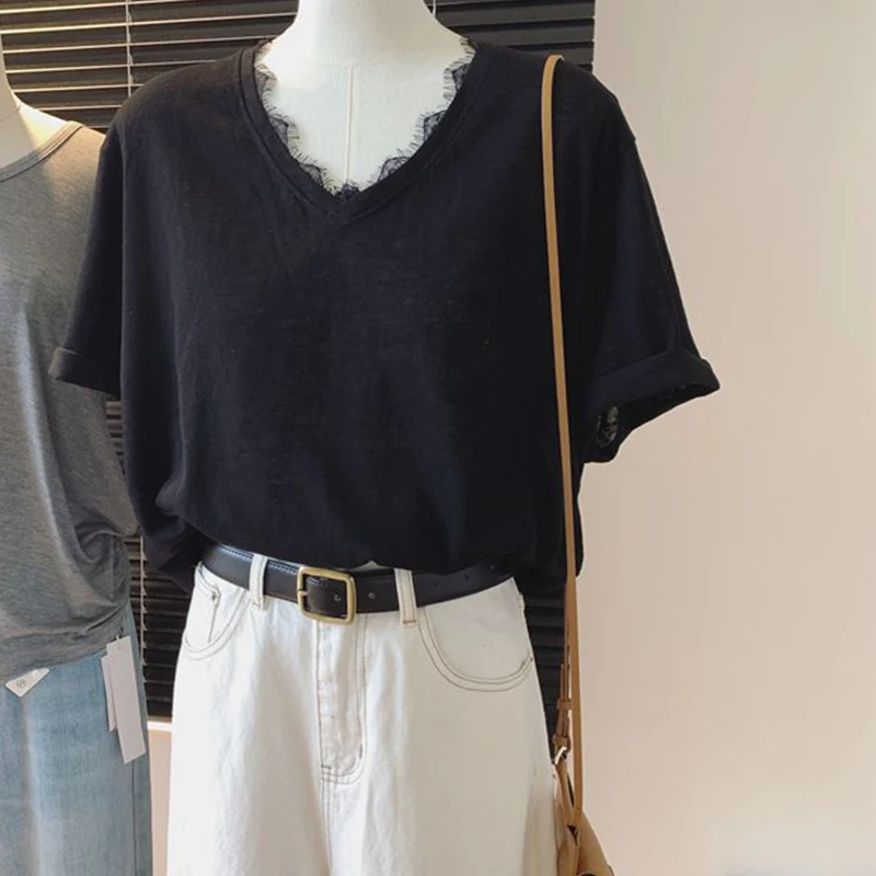 Pure Desire Style Lace Spliced V-Neck Tees for Women Summer Solid Short Sleeve T-Shirts Casual Loose Female Plus Size Thin Tops
