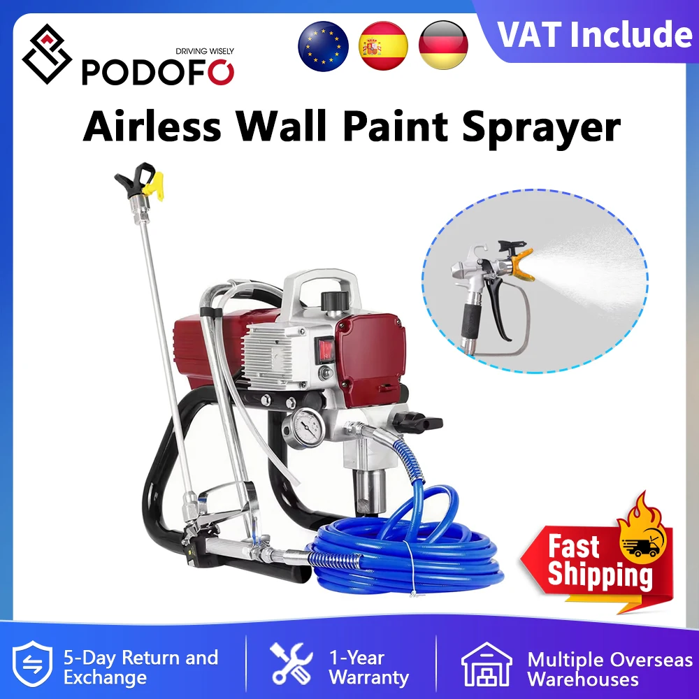 Podofo 1800W 1/4" Mini Elektryczna Maszyna do Malowania Natryskowego Wysokociśnieniowy Bezpowietrzny Opryskiwacz do Malowania Stali, Płytek, Farb Lateksowych, Ścian