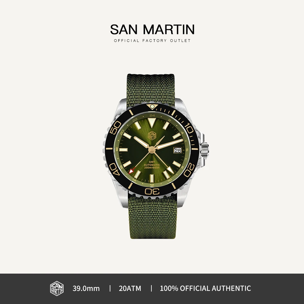 

San Martin 39mm Men Diver Watch GMT NH34 Stainless Steel Automatic Mechanical with Sapphire Luminous 20Bar Waterproof SN0136G