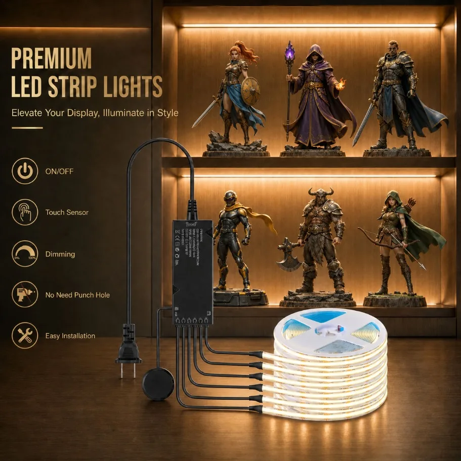 Bande LED COB 6-1 pièces avec contrôle de synchronisation, interrupteur tactile à intensité variable et alimentation noire pour éclairage de vitrine de cuisine, chambre et placard