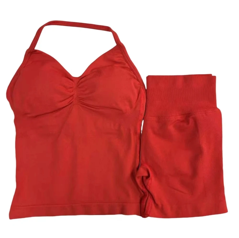 

2025 New Women's Yoga Set Two-piece Seamless Longline Lace-Up Tank Top Scratched Sports Shorts Gym Women's Summer Workout Wear