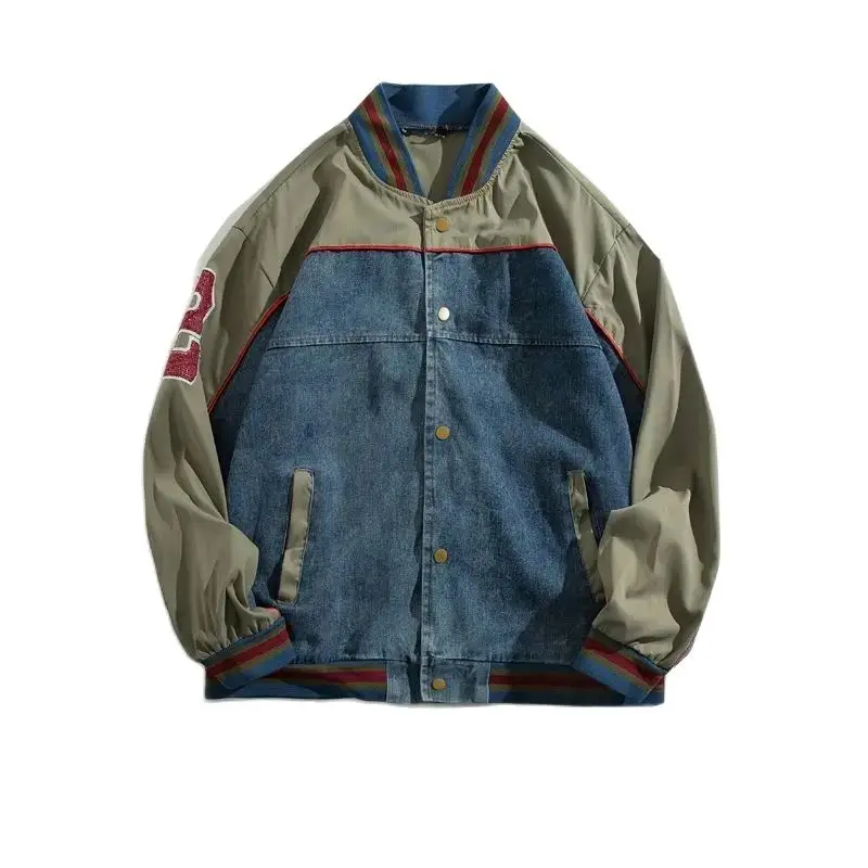 

Denim Jacket American Baseball Coat Men'S Women Spring Autumn Feet Design Sense Letter Trendy Plate Panel Contrast Color Jacket