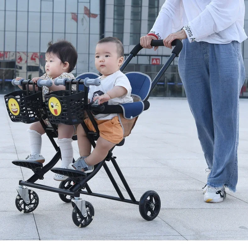 Foldable 4 Wheels Walking Baby Twins Stroller Baby Scooter Lightweight High Landscape Stroller Twin Double Seat Trolley