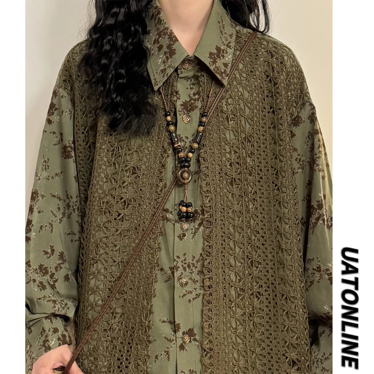 

UATONLINE Весенняя уличная женская длинная вязаная куртка в стиле пэчворк с вырезами, винтажная куртка свободного покроя на пуговицах