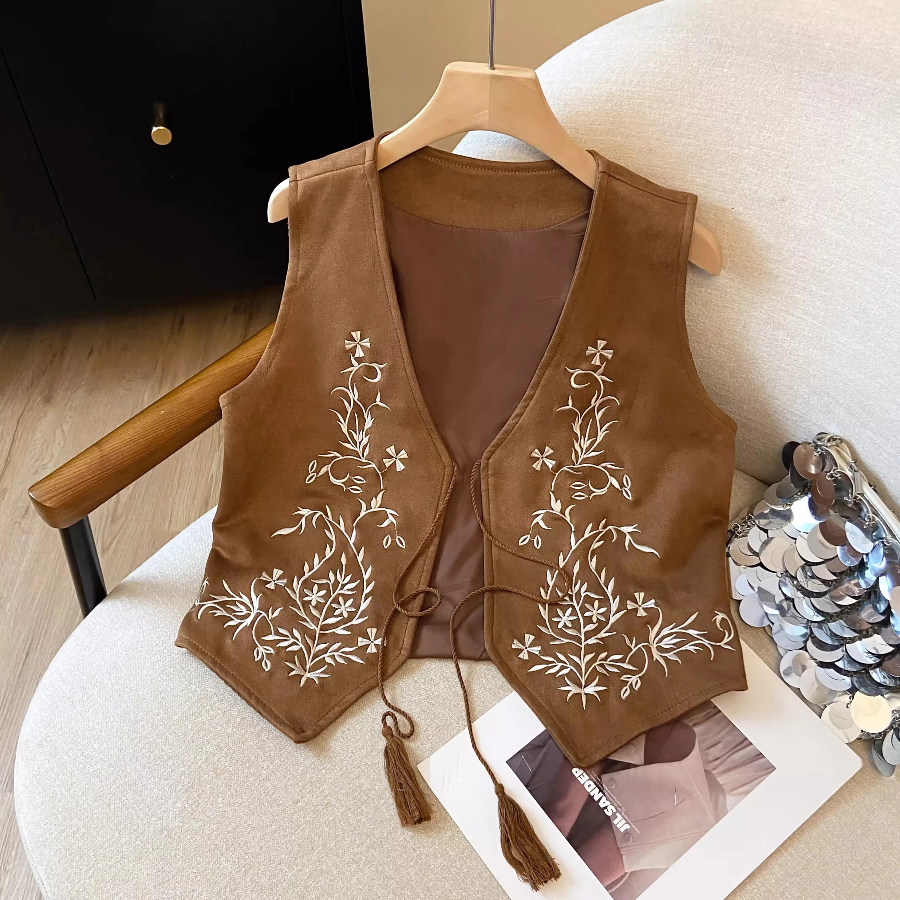 

N Жилет с вышивкой в стиле ретро, женский праздничный наряд, юбка V-Ne ort, длина, одна пуговица, цветочный дизайн с растениями