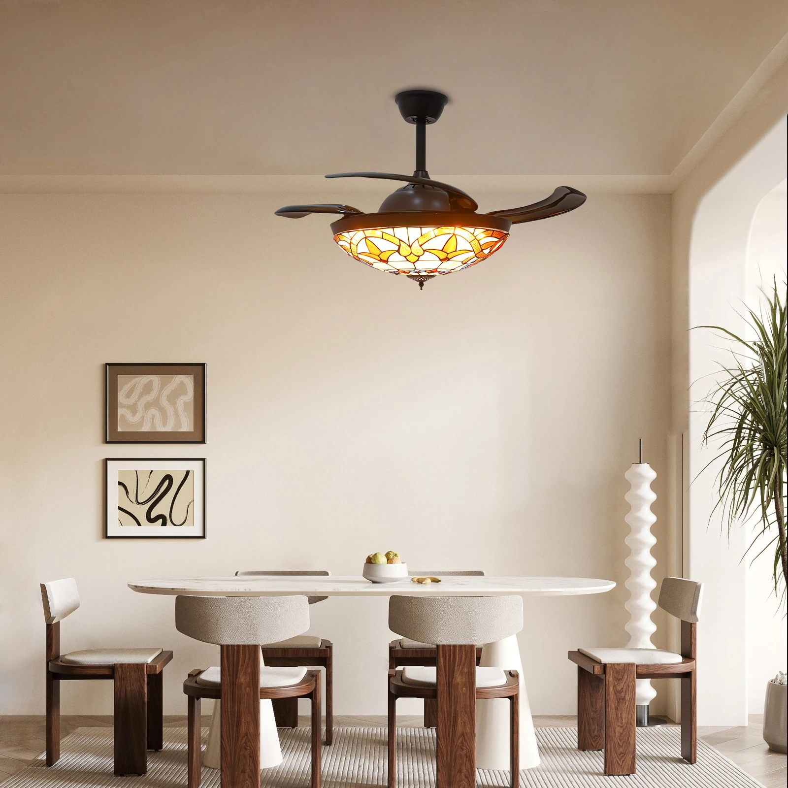 Ceiling Fan, 42 Inch Ceiling Fans, Fan Chandelier, Tiffany Style LED Ceiling Fan Light, Remote Control, 3-Color Dimmable, 6 Speeds, Reversible Quiet Pure Copper Motor, ABS Blades, Brown, Adjustable Rod, Home Living Room Bedroom Dining Indoor Decor