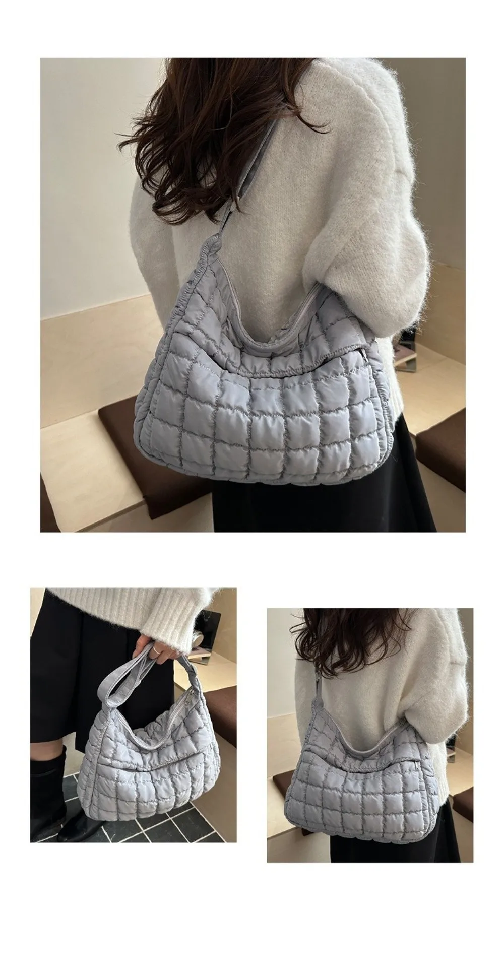 Gesteppte Puffer-Schultertasche mit Verstellbarem Riemen Einfarbige Gepolsterte Crossbody-Tasche aus Nylon mit Großer Kapazität Unterarmtasche für Damen – Detail 5