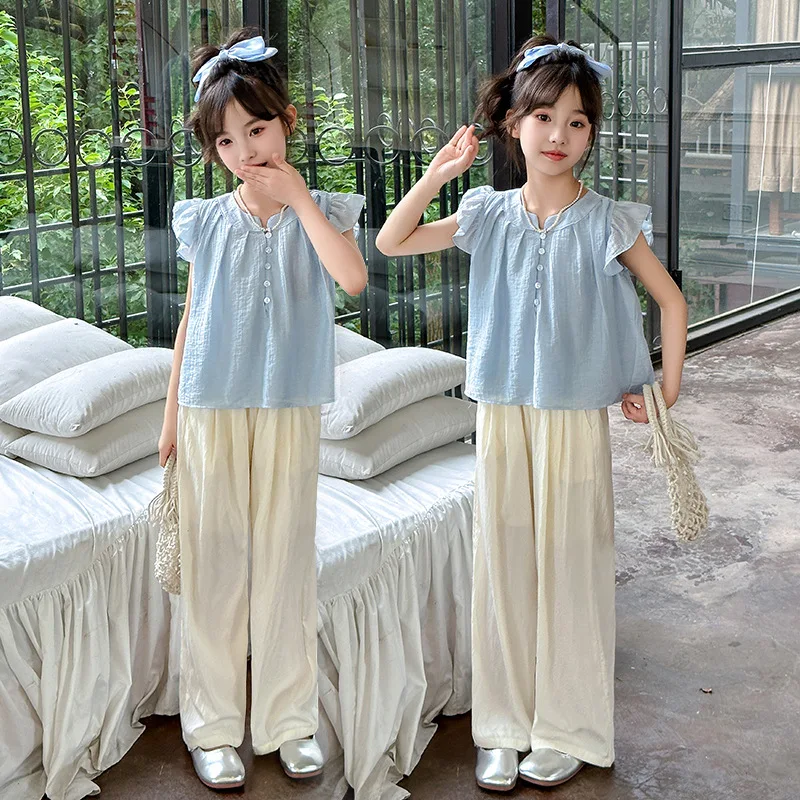 2026 summer girls Clothes Children set Suit Teenager mesh lace flutter Ruffle shirt blouse + loose apricot pants 4 8 10 12 year