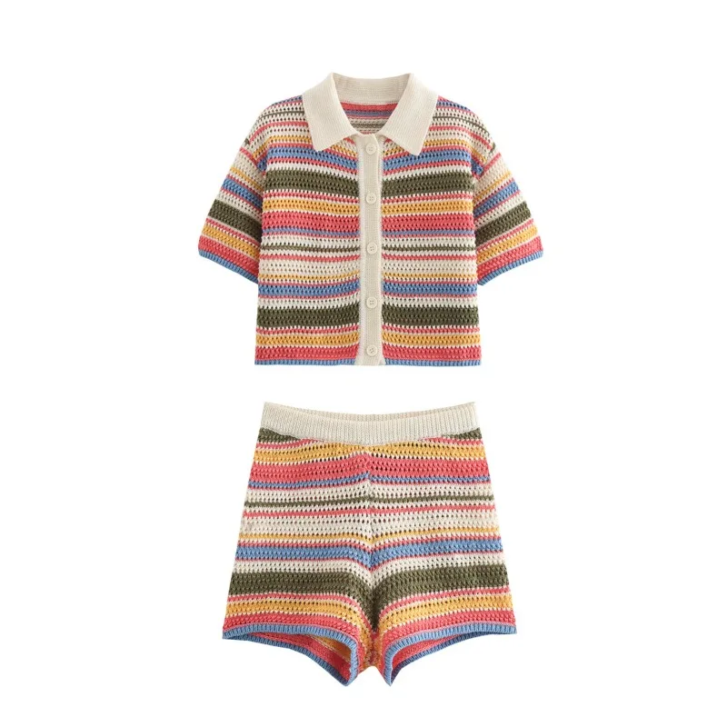 TRAF ZR Krótki Zestaw Damski Dwuczęściowy Elegancki Krótki Rękaw Zestaw Damski Letni Garnitur Zestaw Prairie Chic Striped Patchwork Sets