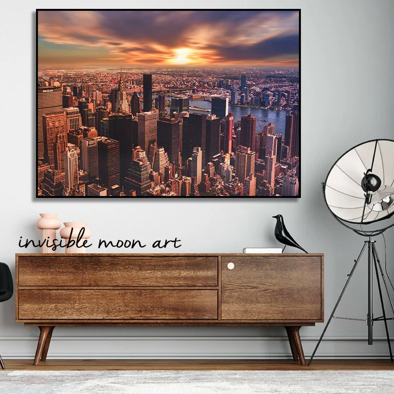 New York City Manhattan Skyline Sunset Night Lights Landscape Art Poster Canvas Painting Wall Prints Picture for Room Home Decor