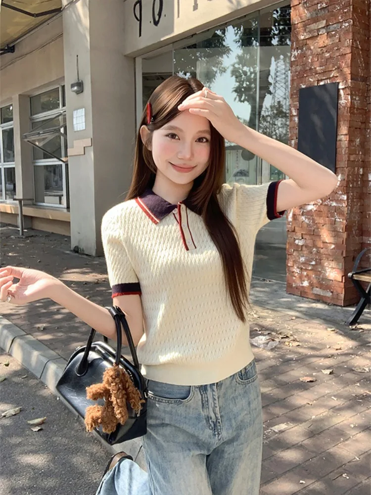 

Retro Korean Style Short Sleeve Knitted Shirt for Women Collared Slim Fit Commute Friendly Summer New Arrival Color Block Top