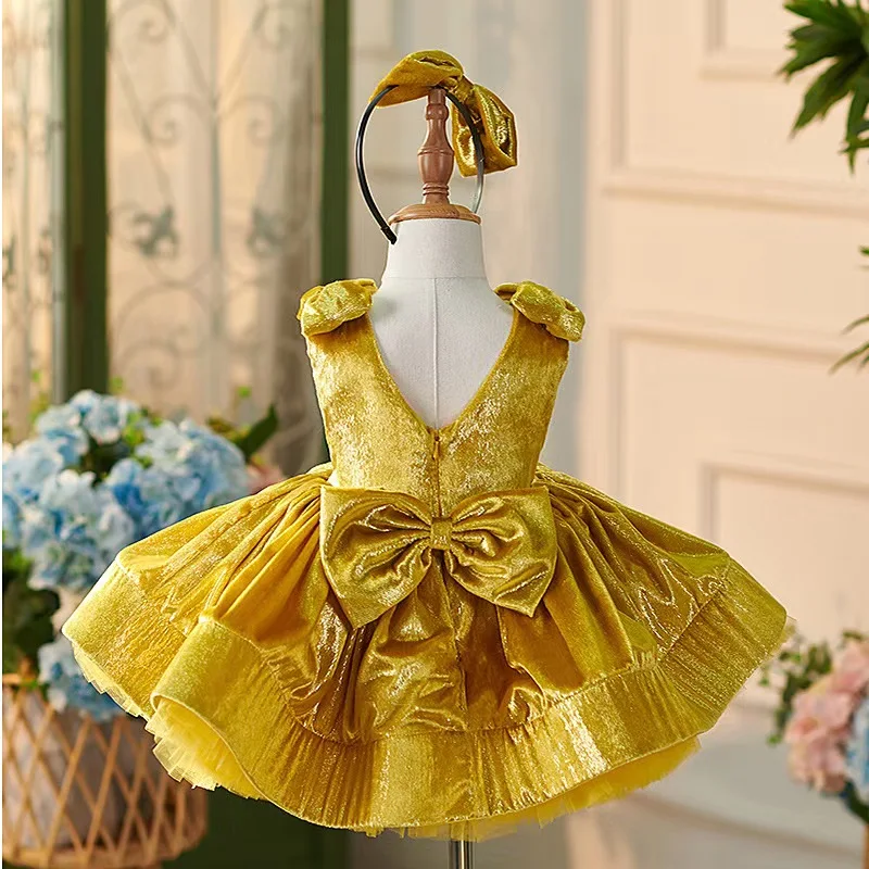 Jill Wish Cute Gold Children Flower Girl Dress with Bow Knee Length Princess Baby Wedding Birthday Party Holiday Gown J306