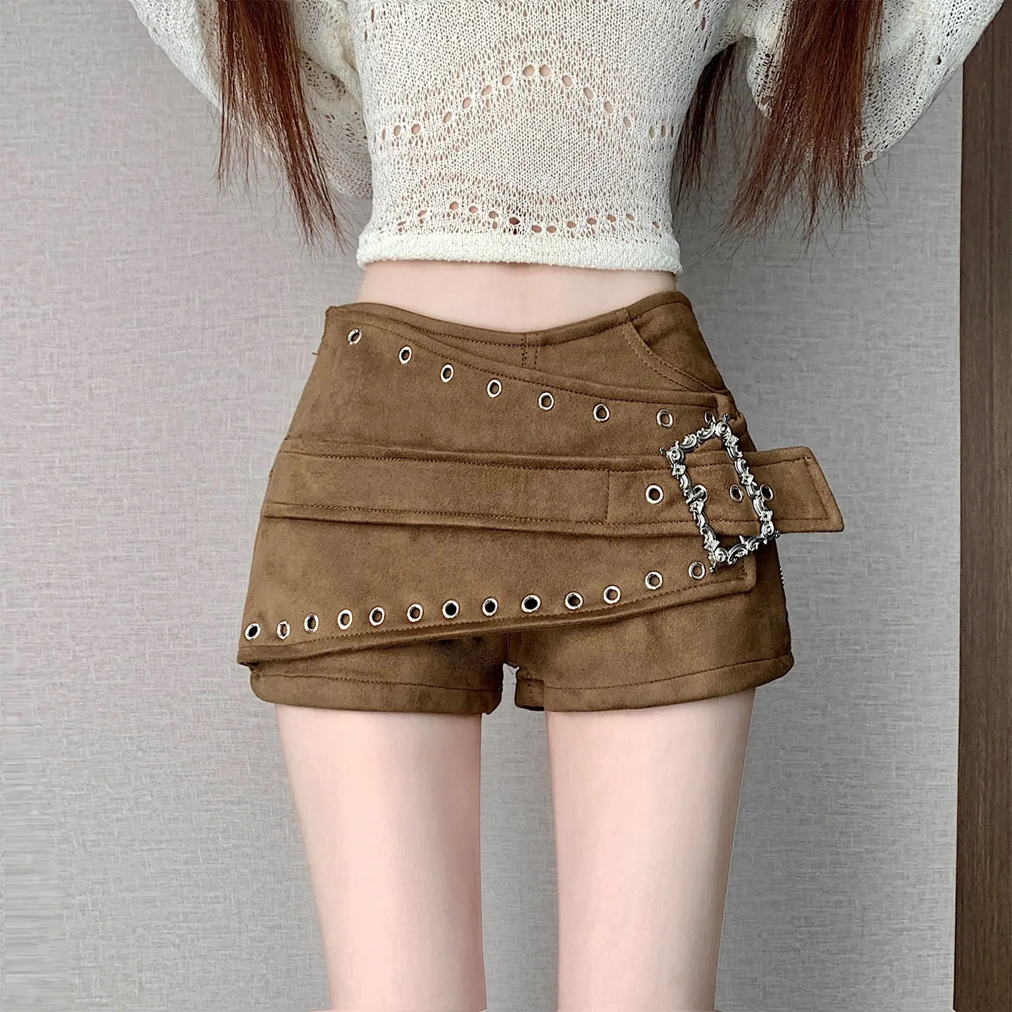 Harajuku Punk Coquette Skirt Women Leopard Print Suede Fabric High Waist Grommet Rivet Belt Buckle Slim Fit Mini Skirt Outfit