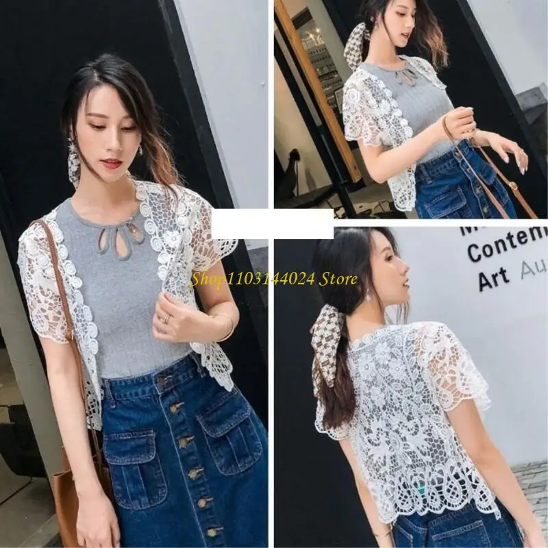 N5KE Womens Lace Shrug Cardigan with Short Sleeve Elegant Sheer Crochet Floral Open Front Crop Jackets for Evening Dresses