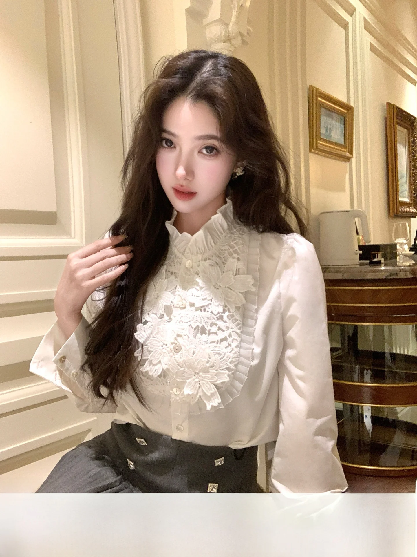 

Acaine Hollow out Embossed Floral Shirt Women's Slim Fit Long Sleeve Breathable Skin-Friendly Winter Top French Style