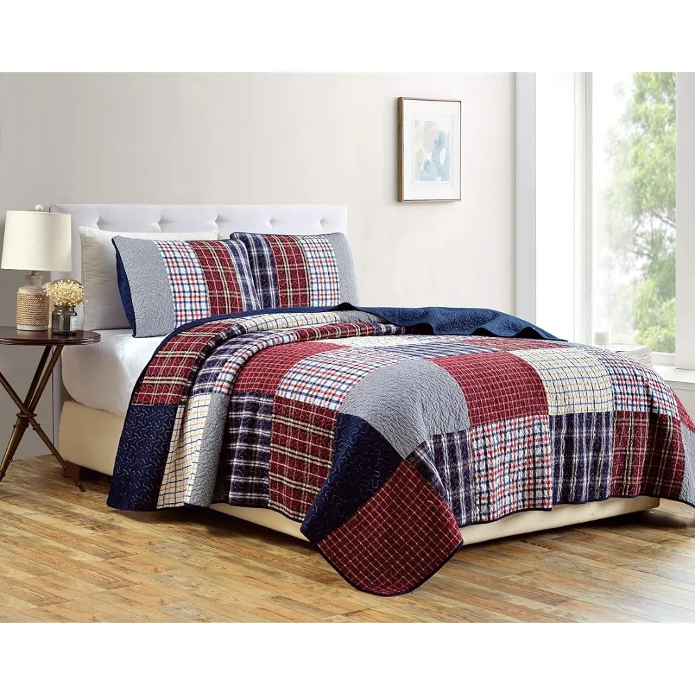 

2-Piece Plaid Checkered Patchwork Quilted 100% Washed Cotton Reversible Bedspread Quilt Set Goose Down Duvet Twin Freight Free