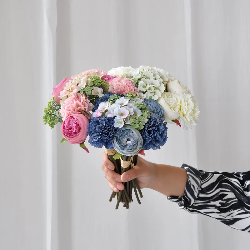 Rosas De Seda Artificiais para A Noiva Bouquet Fake Flor Branco Peônia Céu Azul Decoração Do Casamento Casa Acessórios Artesanato, Alta Qualidade