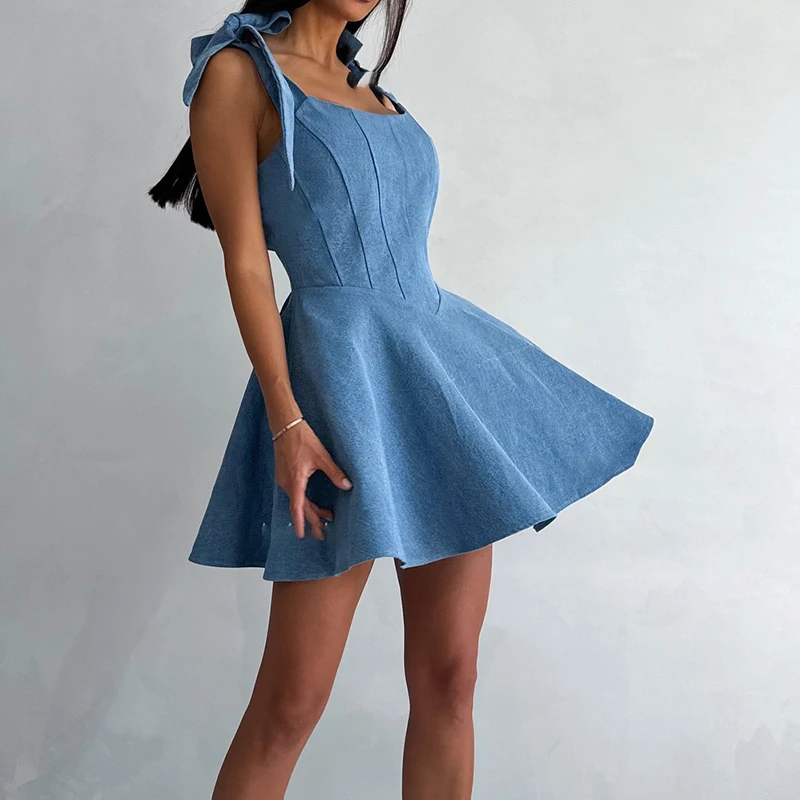 

Sexy Fishbone Nipped Waist Draped Dress Lady Elegant Solid Color Evening Dresses Fashion Square Collar Denim Lace Up Short Dress