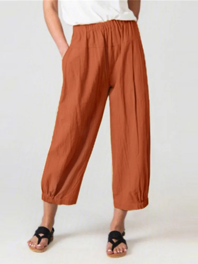 Women Cotton Linen Loose Pants New Spring Autumn Elastic Waist Pants Lady Casual Baggy Cropped Pants Thin Beach Wide Leg Pant