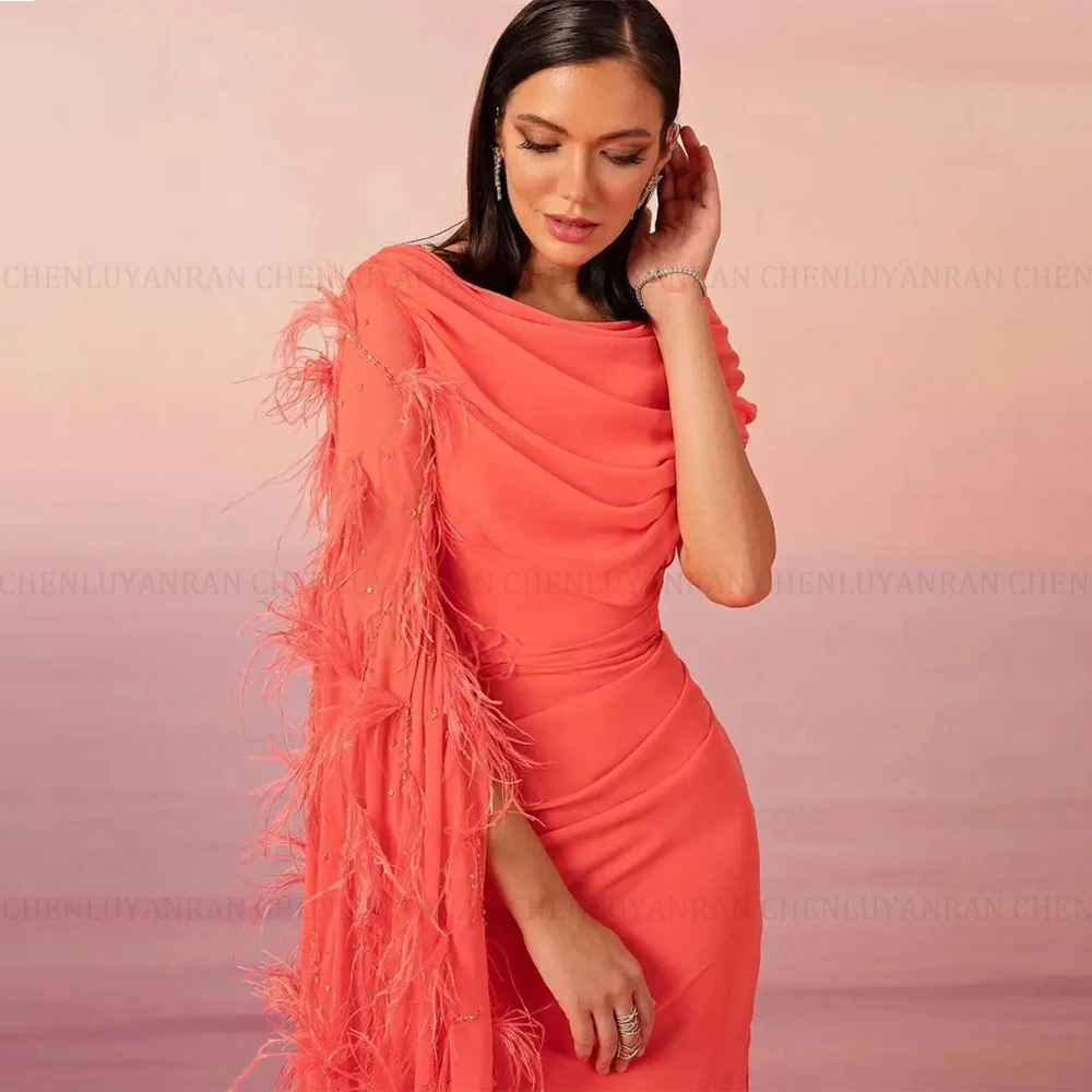 MOLISA Luxury Party Evening Gowns 2024 New Chiffon Pleated Orange Prom Dress Feathers Long Formal Occasion Dress فساتين الحفلات