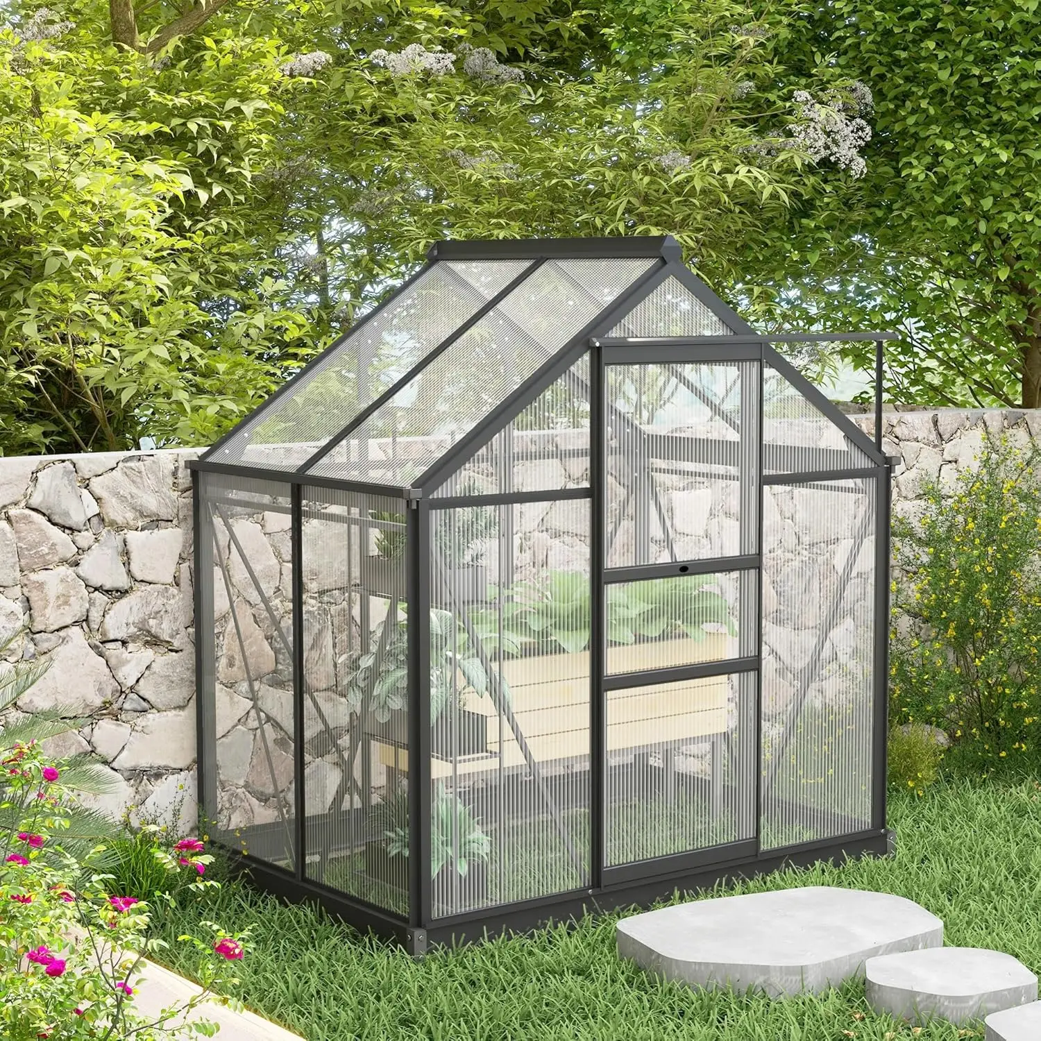 Outsunny 6' X 4' Greenhouse For Outdoors, Polycarbonate Greenhouse With Rain Gutter And Roof Vent, Aluminum Walk-In Green