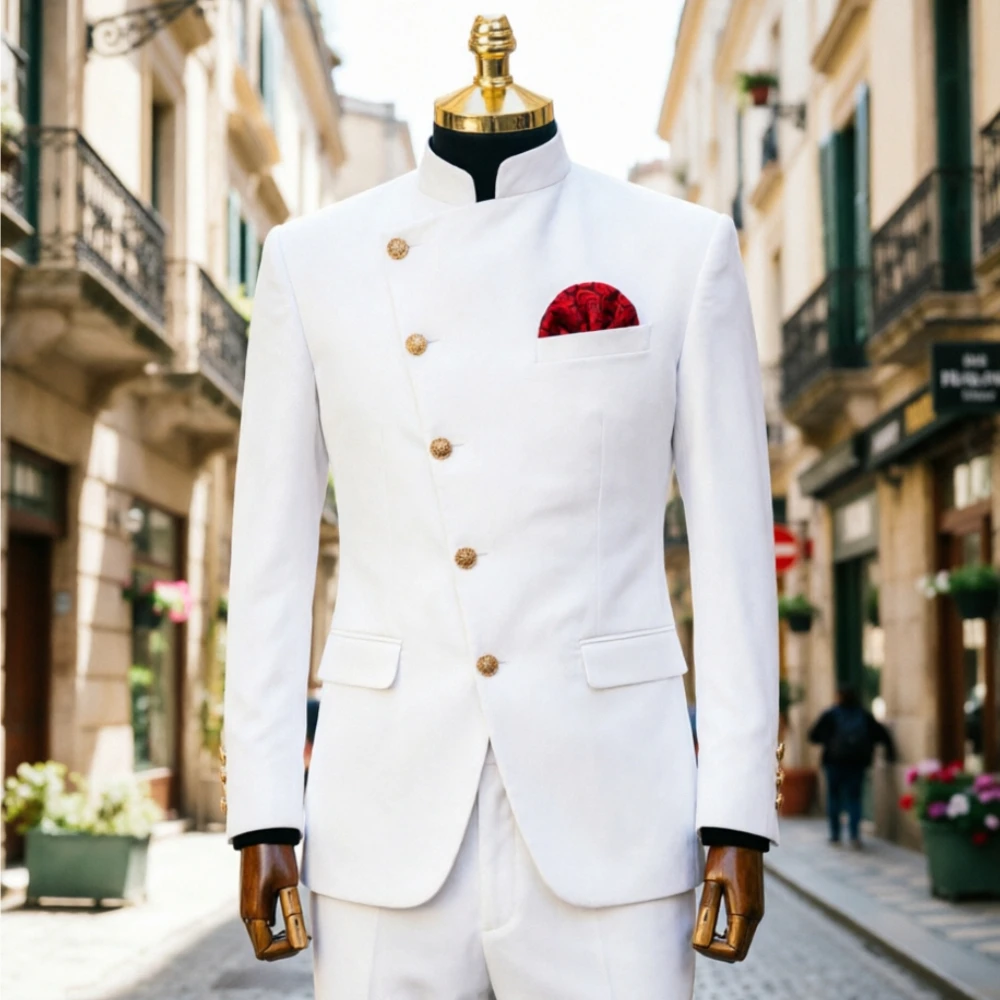 

Мужской костюм Safari из 2 предметов с воротником-стойкой, диагональными золотыми пуговицами, приталенный, современный блейзер для свадьбы, выпускного вечера, официальных мероприятий