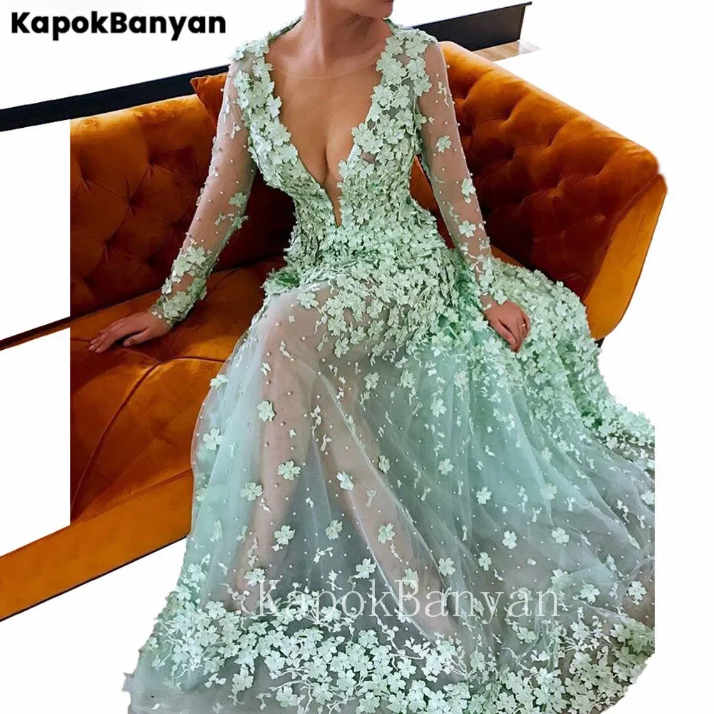 

A-Line 3D Flower Illusion Tulle Scoop Neck Long Prom Dress with Sleeves Formal Party Gown