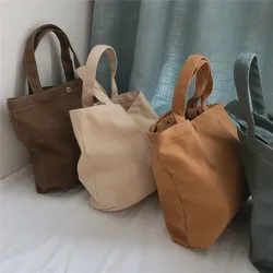 Fashion Mini Canvas Bags Women Solid Color Shopping Bag Eco-Friendly Foldable Lunch Bag Grocery Bag Pocket Tote Shoulder Handbag