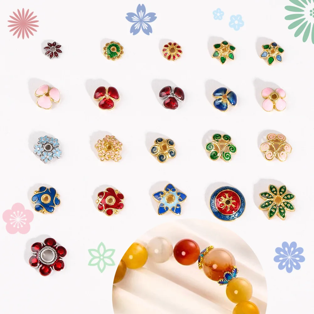 20pcs/Lot Enamel Flower Bead Caps For Jewelry Making Supplies Ethnic Vintage Accessories DIY Bracelets Anklet Bohemian Materials