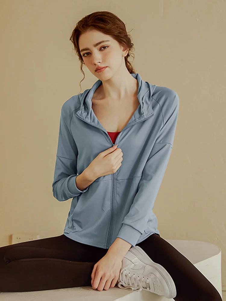 

Women's Yoga Jaet Hooded Zipper Open Cardigan Long Sve Fitn Casual Loose Dry Qui-Silk Upper Apparel for Autumn Winter