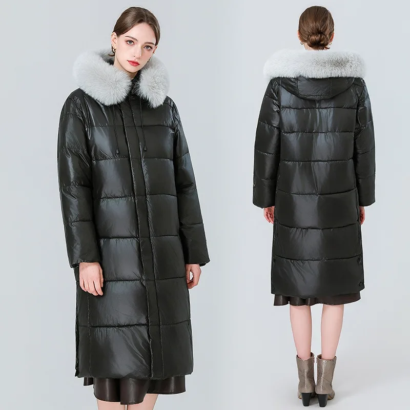 New Black Large-necked Cotton-padded Jacket for Women Long Knee-length Down Slimming Thickened Hooded Warm Cotton-padded Jacket.