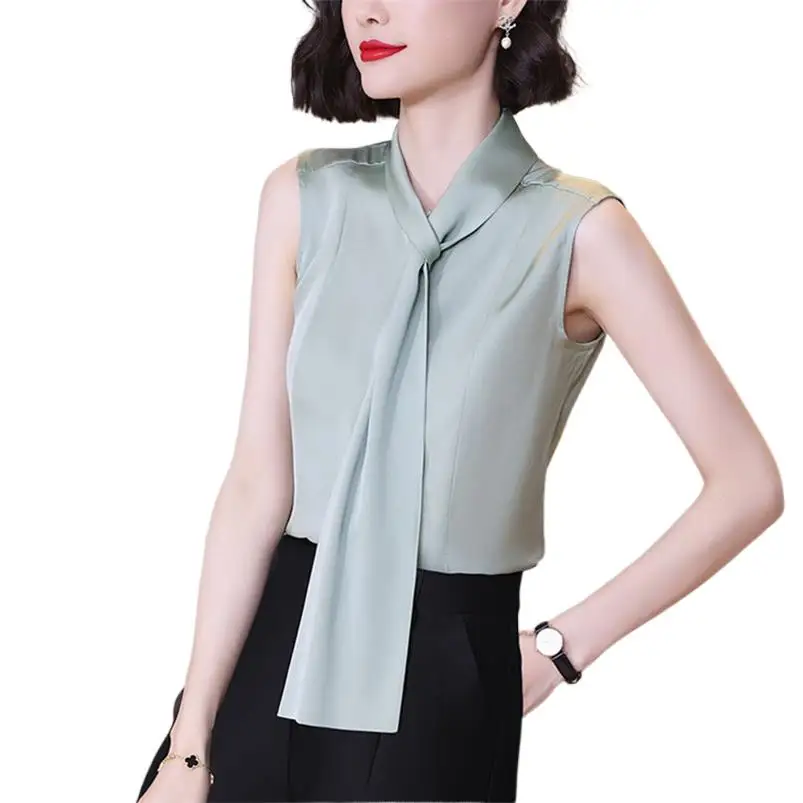 Vintage Sleeveless Basic Satin Pullover Shirt Women's Summer Tank Clothing Office Lady Scarf Collar Elegant Commuter Blouse