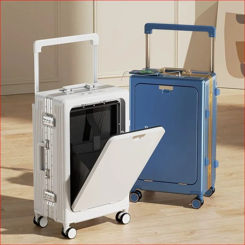 Fashion Rolling Luggage Wide Handle Travel Suitcase Front-open Trunk Aluminum Frame Boarding Suitcases Multifunctional Luggage