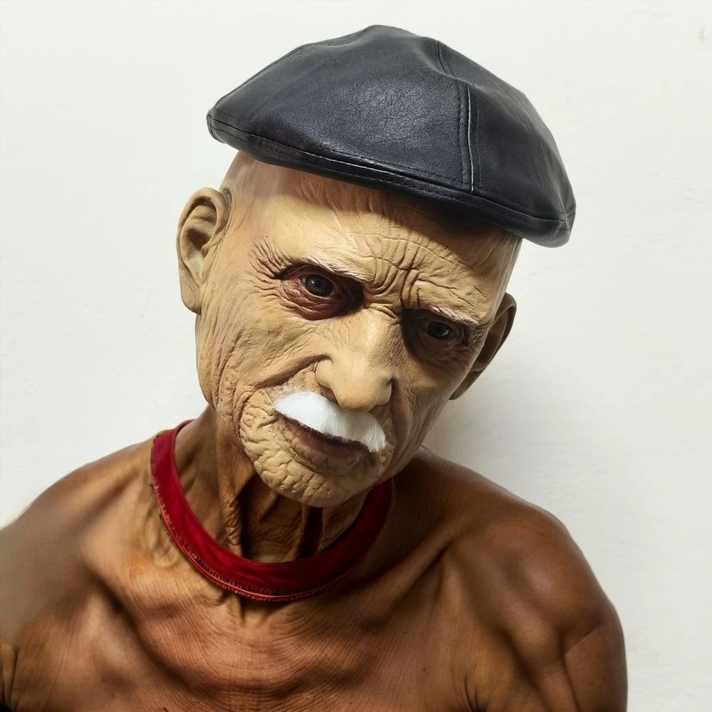 Máscara facial realista de velho masculino com boina chapéu acessório de fantasia de halloween couro pu barba moda adulto cosplay máscara de borracha