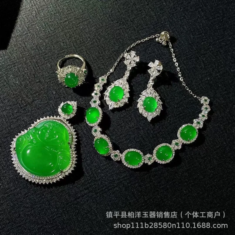 925Silver Plated Inlaid High Green Chalcedony Full Pendant Earrings Two-Piece Set Agate Gemstone Set